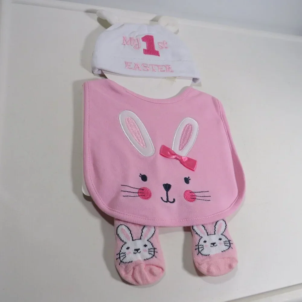 Baby pink bunny rabbit My First Easter set 0 to 6 months (Bib, Cap/Hat, Socks)